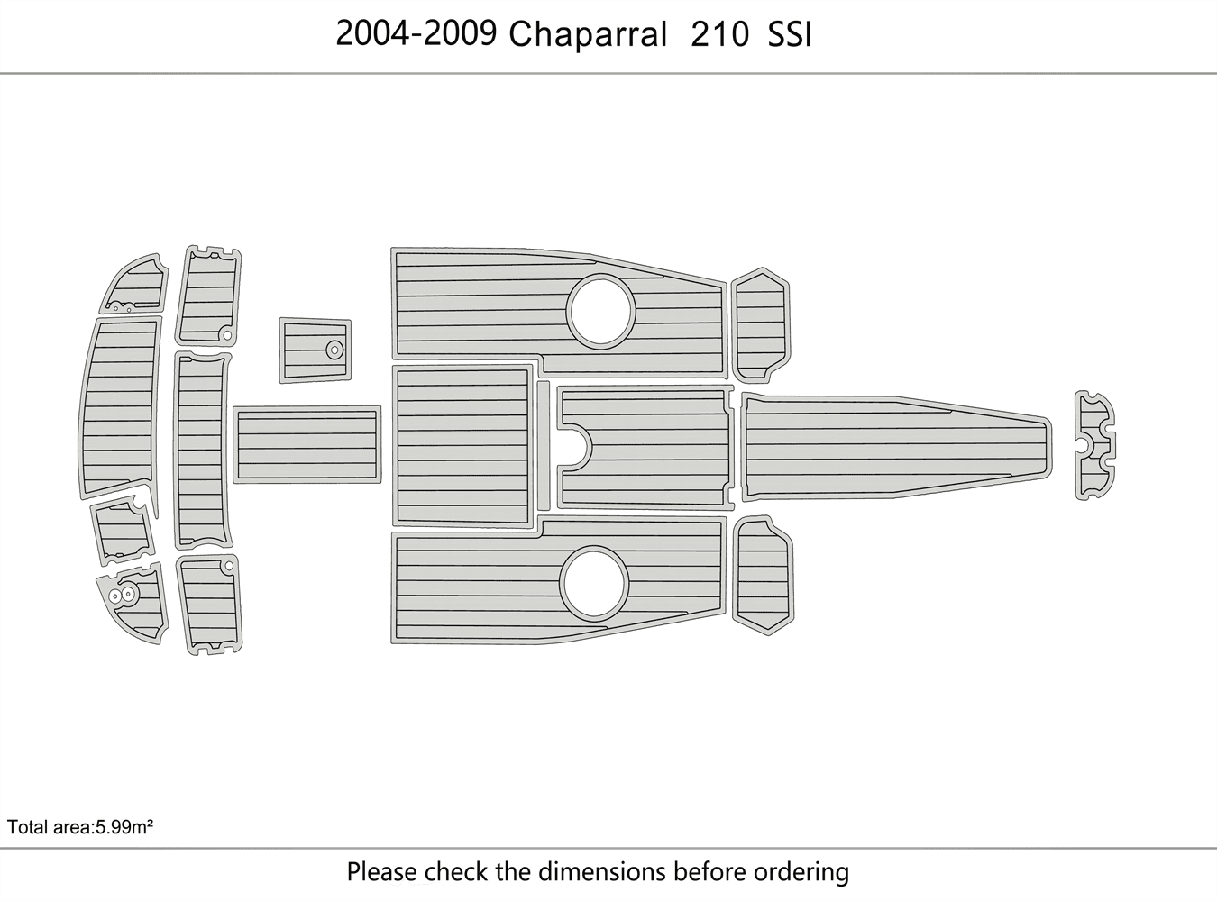 Supplier dimensional plan for a grey Chaparral 210 SSi marine flooring kit